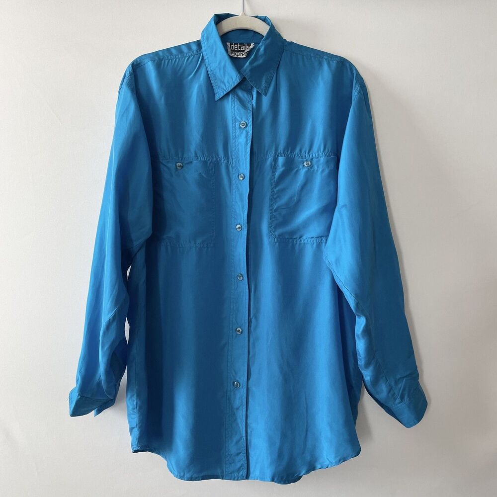 Details Express 100% Silk Button Front Blouse Long Sleeve Blue Women Size S
